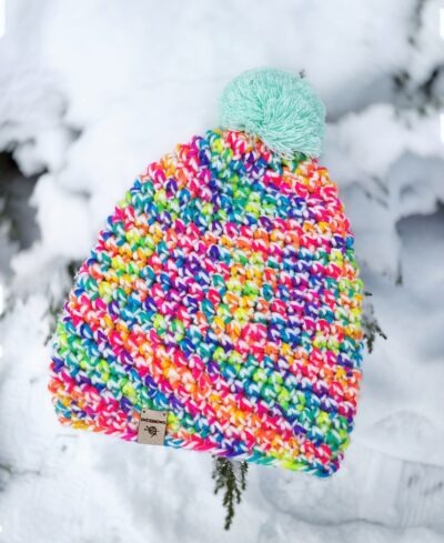 kolorowa czapka z pomponem handmade ocieplana